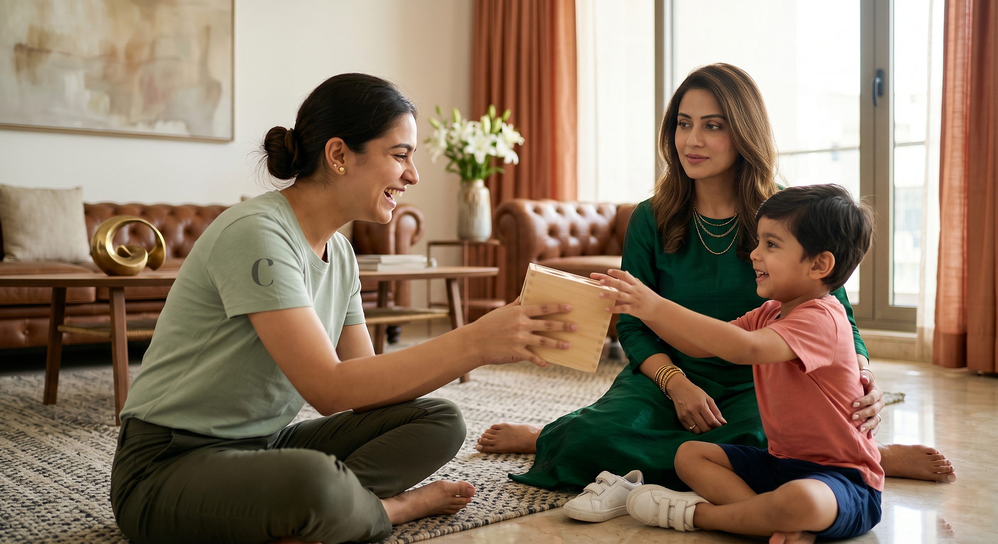 Carely therapist working with a child and parent at home